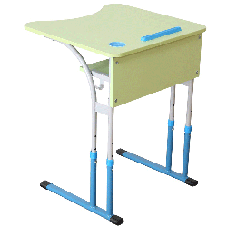 Single student table adjustable in height with an anti-scoliotic cutout