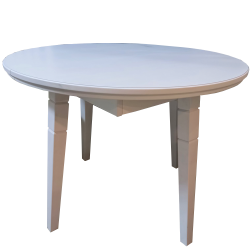 The dining table is round, fixed