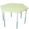 The 6-angled table is adjustable in height