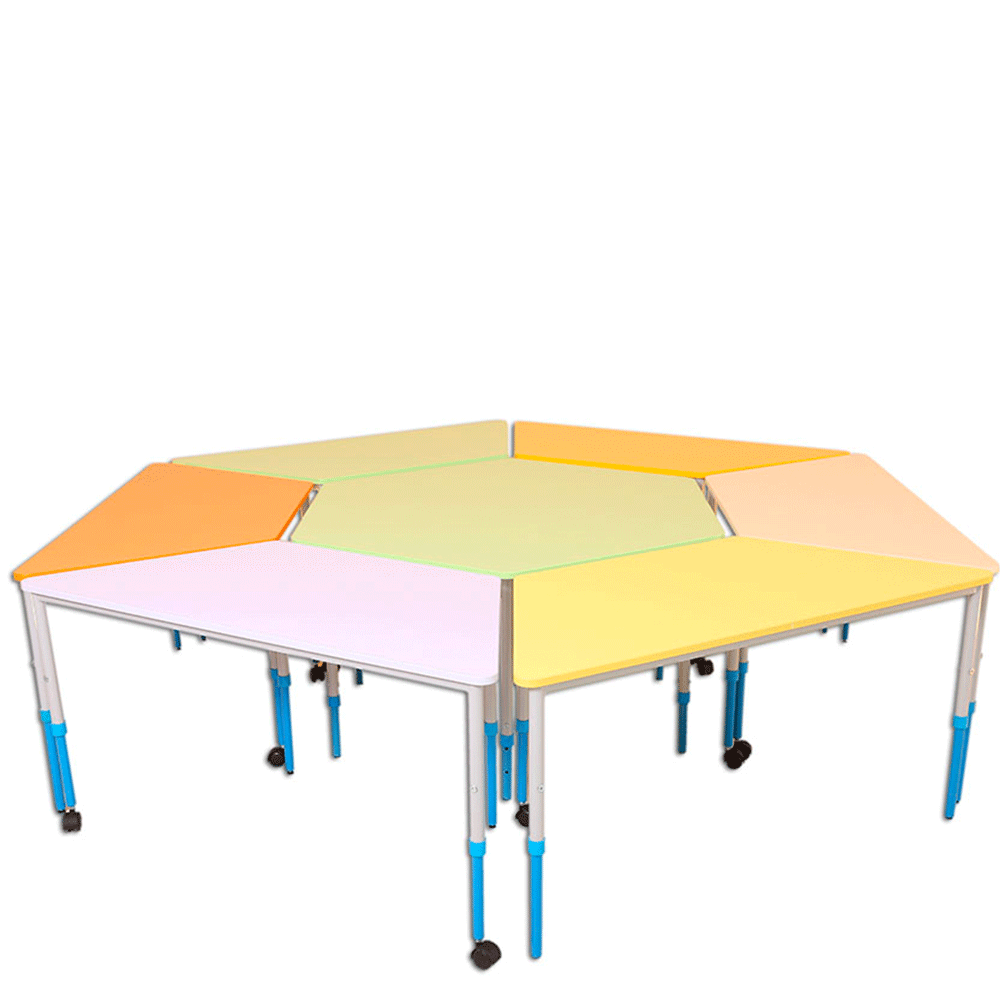 The 6-angled table is adjustable in height