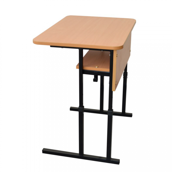 Single student table with a shelf (square tube) with height adjustment, the tabletop is rounded