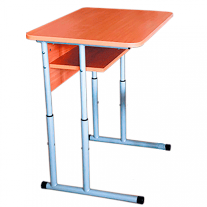 Single student table with a shelf (round tube) with height adjustment, the table top is rounded