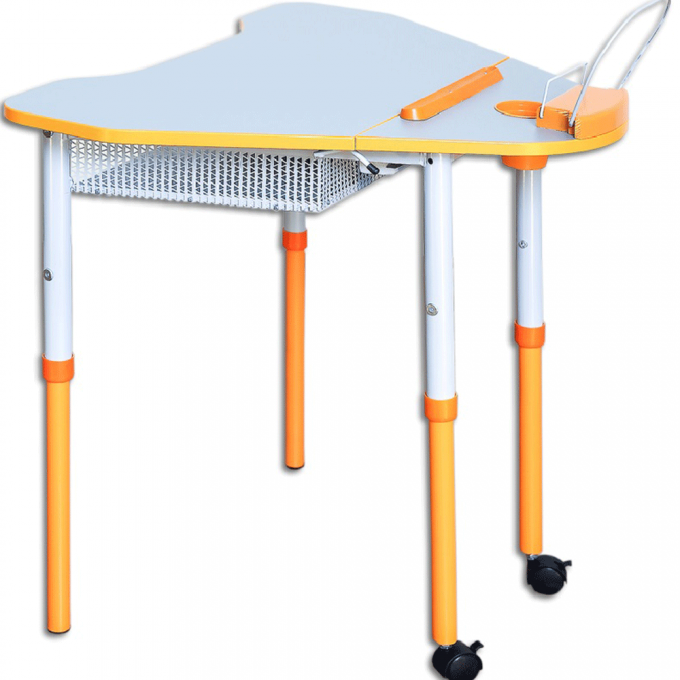 The table is mobile with height and tilt adjustment, with a shelf