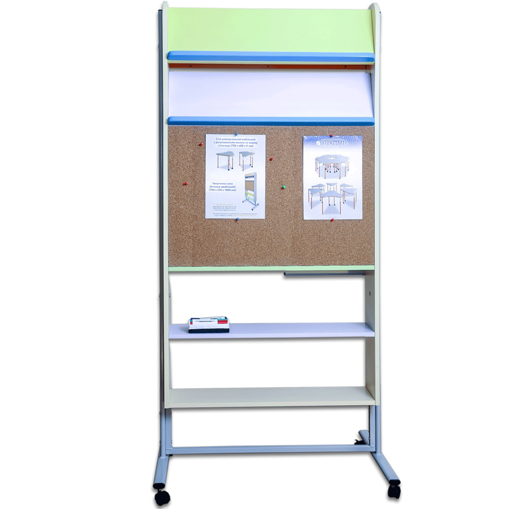 Thematic area (double-sided rack), cork and felt-tip pen